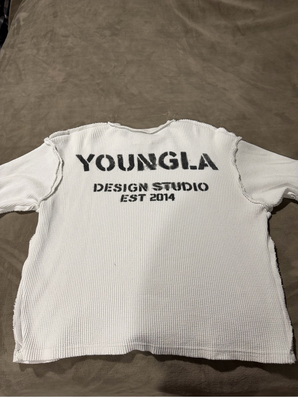 YoungLA White Long Sleeve Waffle Knit Shirt with Black Logo
